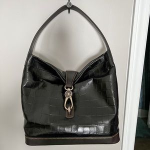 Dooney and Bourke Croco Embossed Logo Lock Sac bag with key fob.